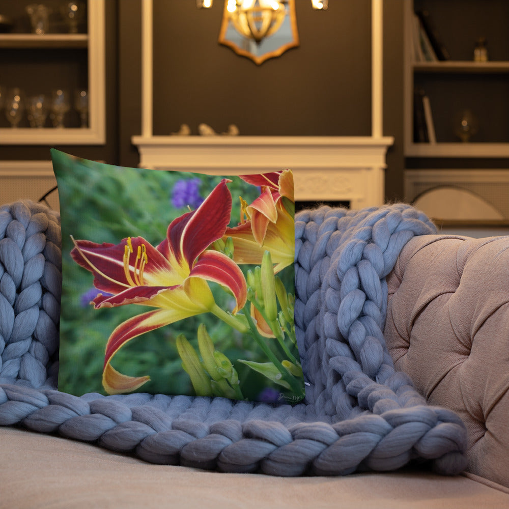 Burnt Orange Day Lilies Premium Pillow with Yellow/Gold Back