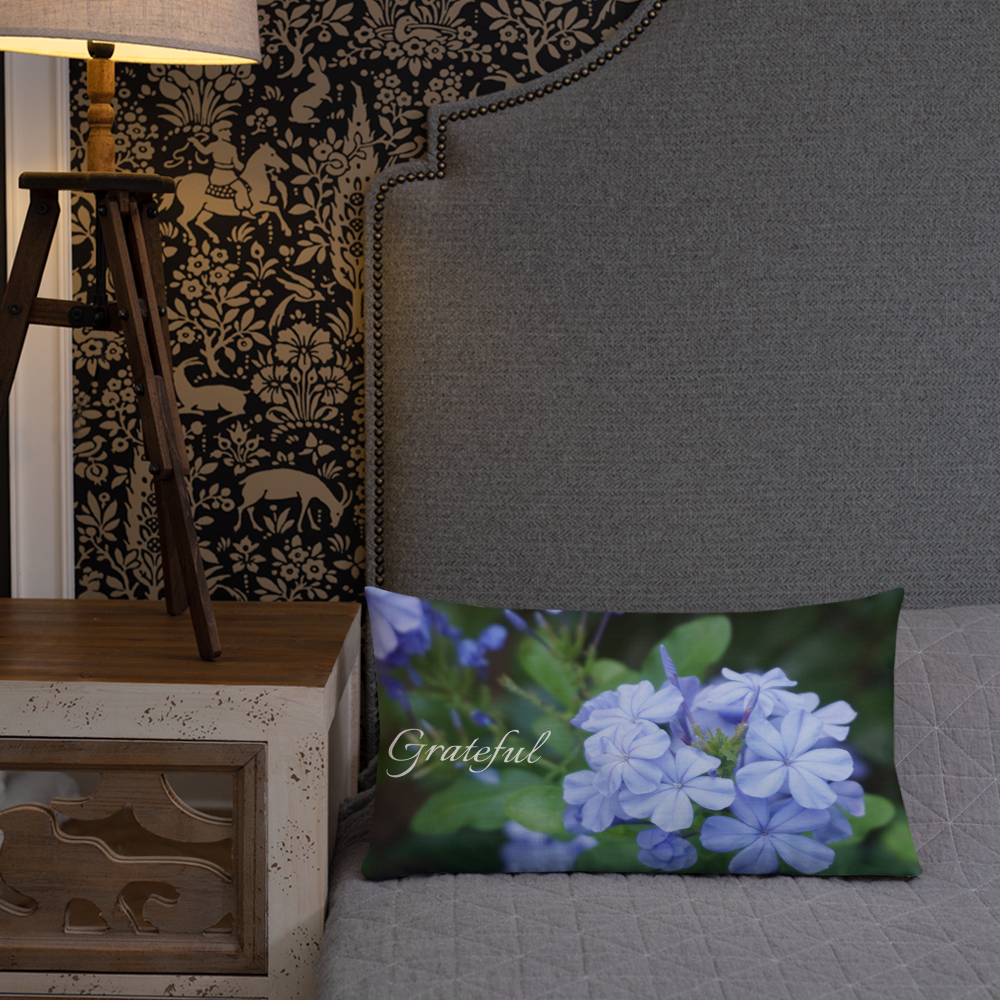 Blue Plumbago Premium Pillow 'Grateful' with dark blue back