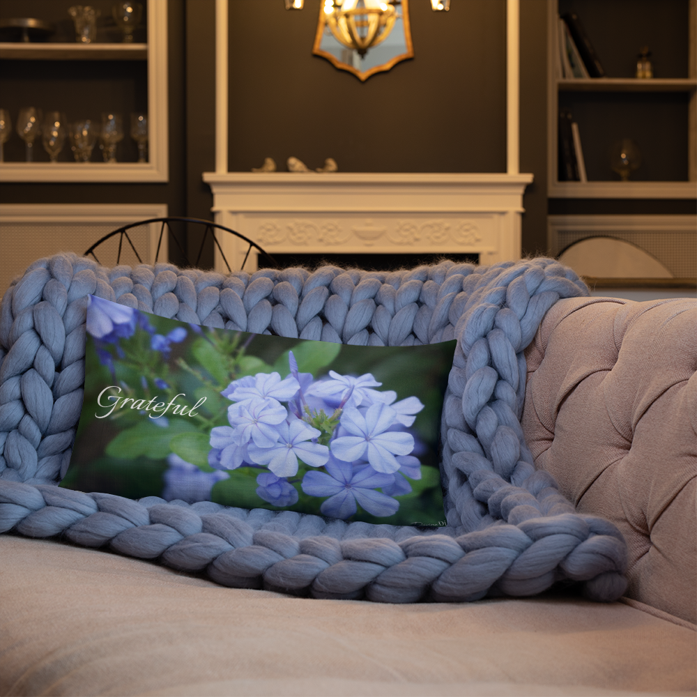 Blue Plumbago Premium Pillow 'Grateful' with dark blue back