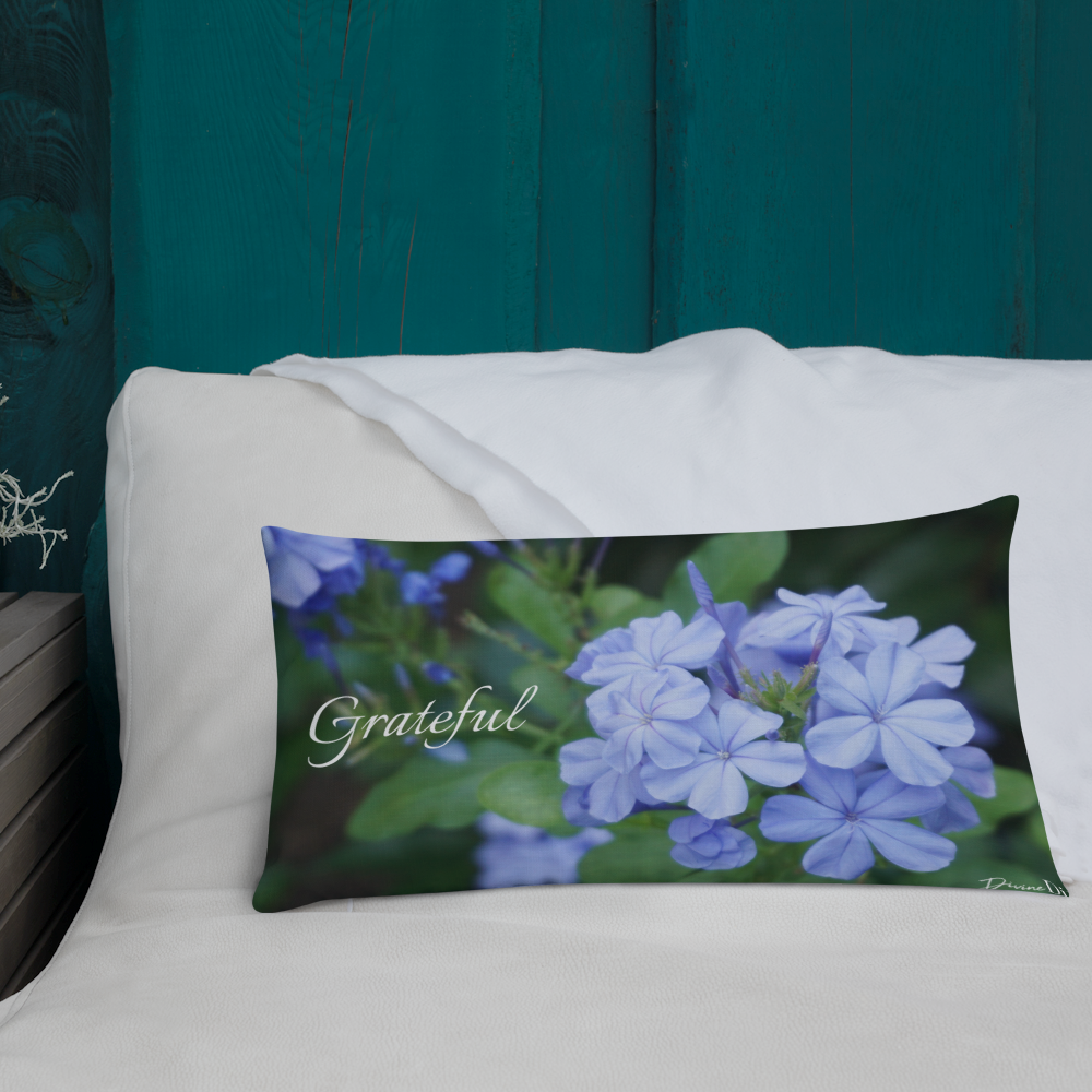Blue Plumbago Premium Pillow 'Grateful' with White Back