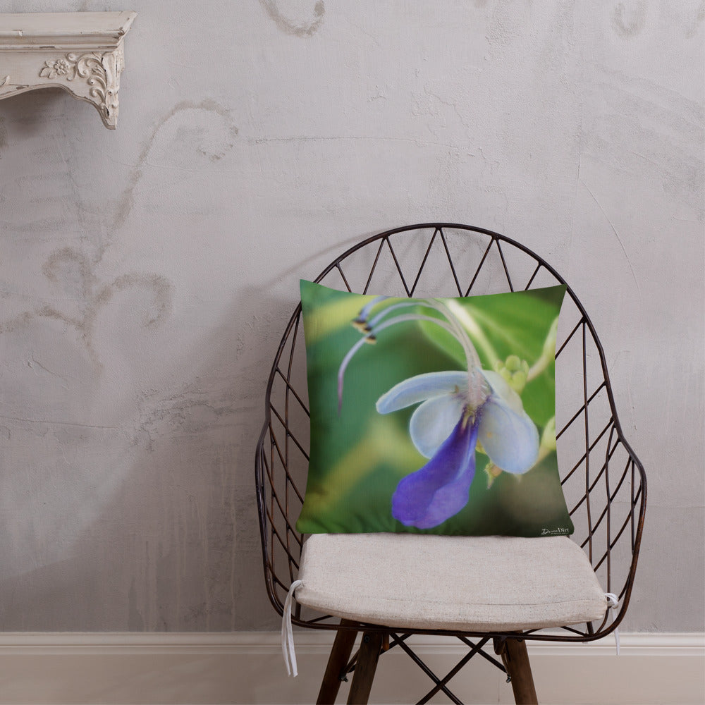 Blue Butterfly Bush Clerodendrum Premium Pillow with Green Back
