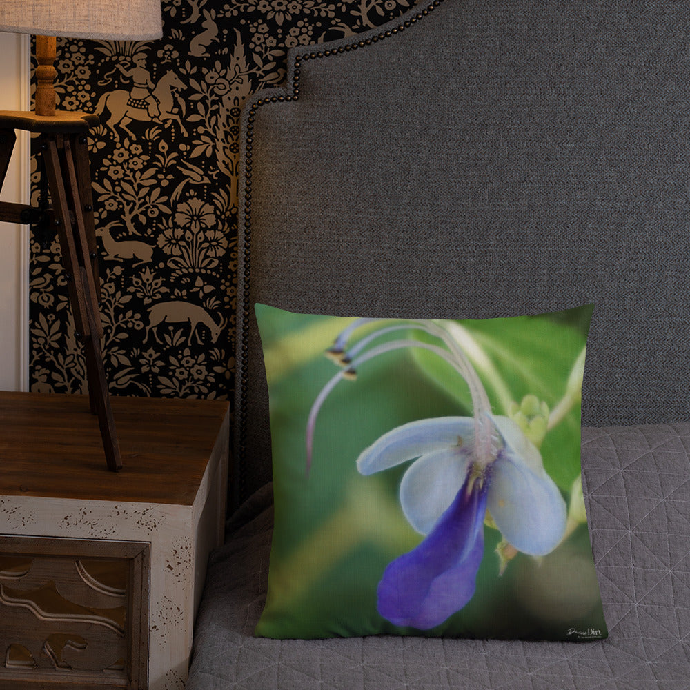Blue Butterfly Bush Clerodendrum Premium Pillow with Green Back
