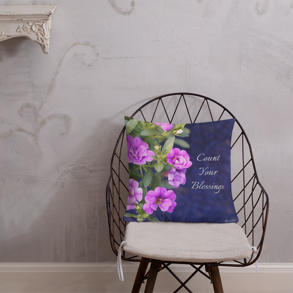 Purple Petunias Premium Pillow 'Count Your Blessings'