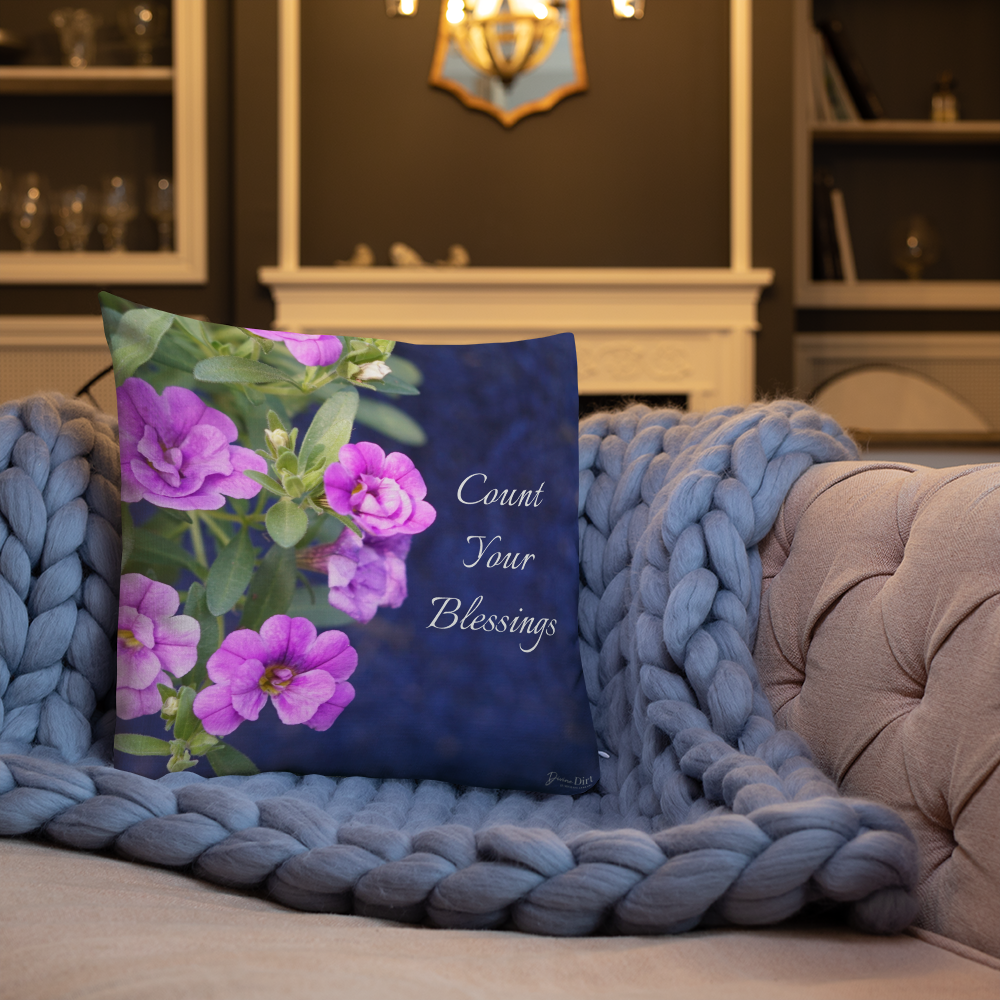 Purple Petunias Premium Pillow 'Count Your Blessings'