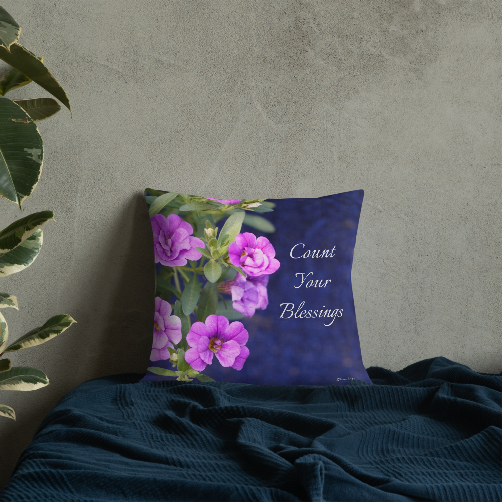 Purple Petunias Premium Pillow 'Count Your Blessings'