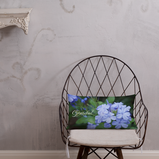 Blue Plumbago Premium Pillow 'Grateful' with dark blue back