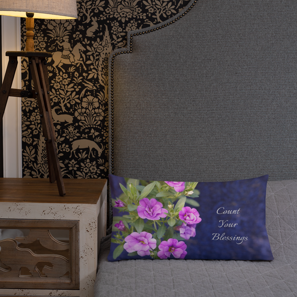 Purple Petunias Premium Pillow 'Count Your Blessings'