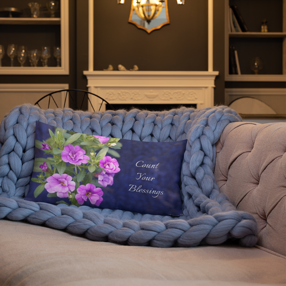 Purple Petunias Premium Pillow 'Count Your Blessings'