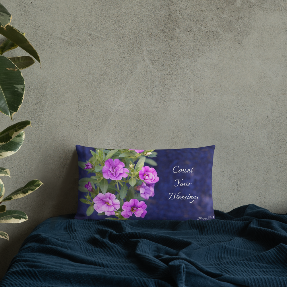 Purple Petunias Premium Pillow 'Count Your Blessings'