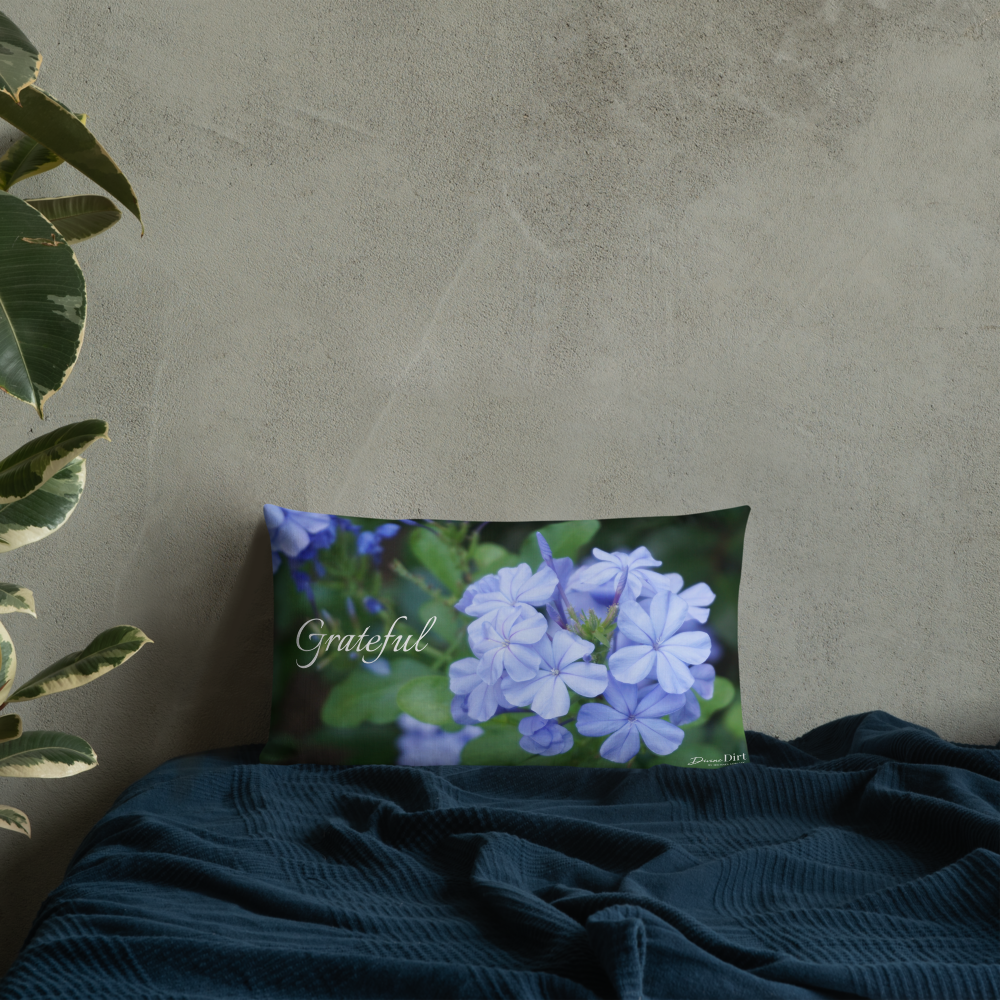 Blue Plumbago Premium Pillow 'Grateful' with White Back