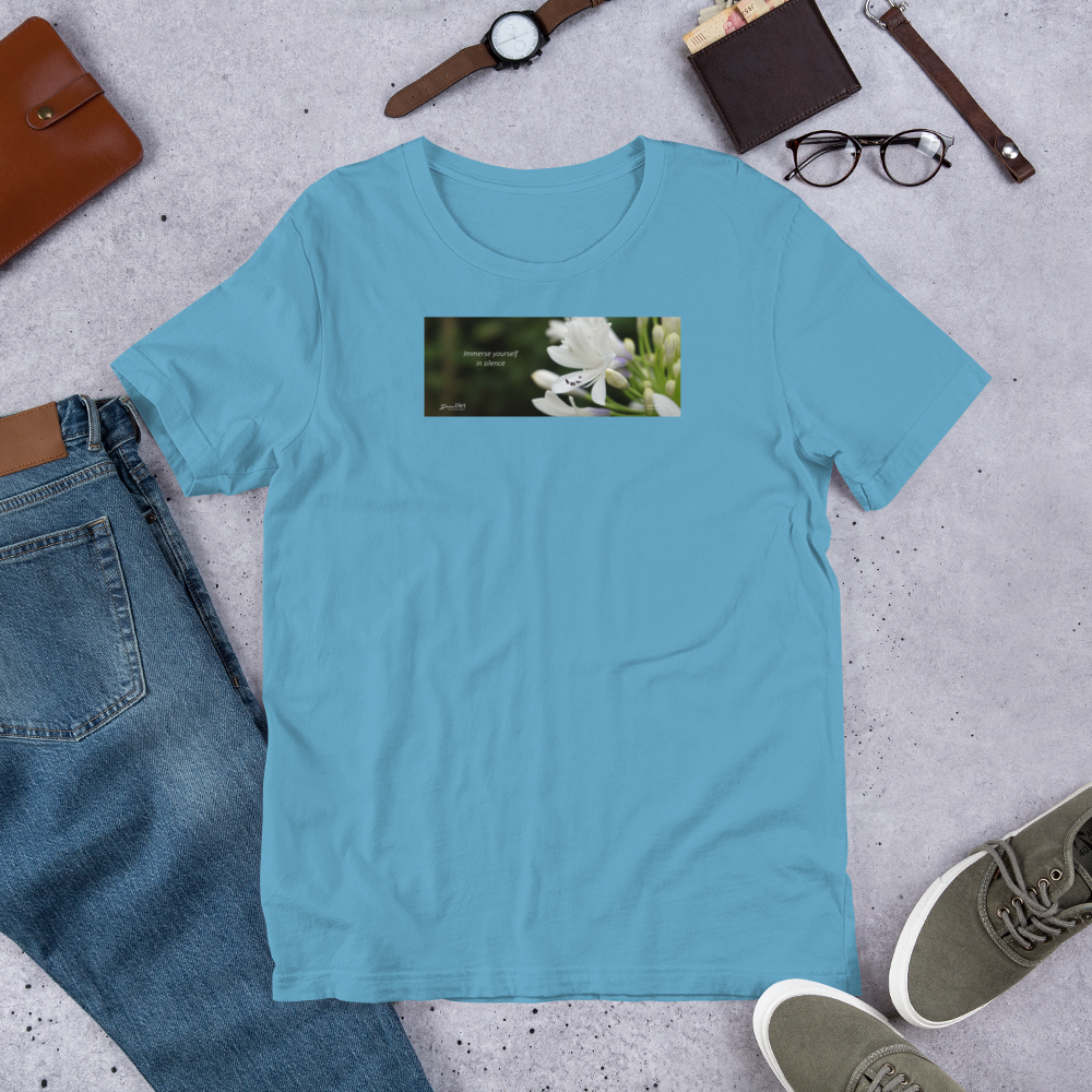 Agapanthus-Indigo Frost.   “Immerse yourself in silence”.   Short-Sleeve Unisex T-Shirt