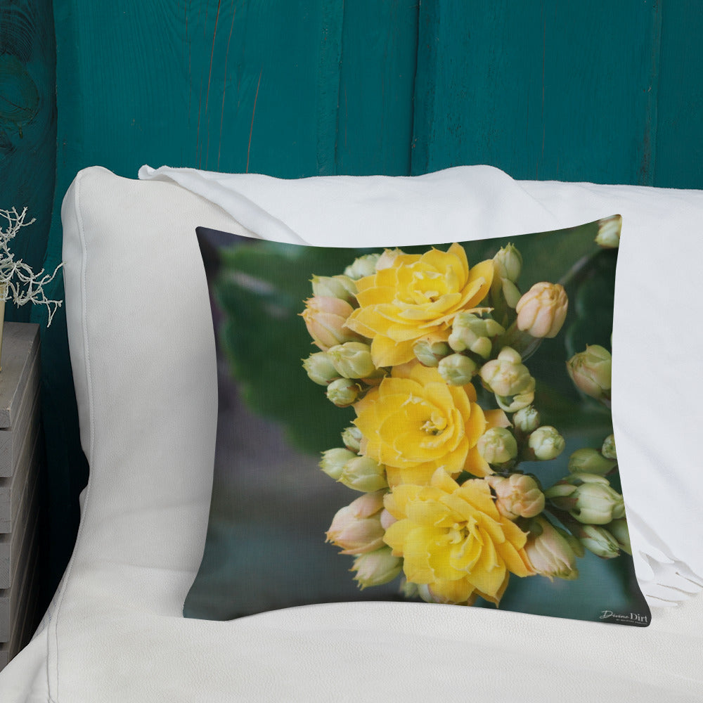 Yellow Kalanchoe Premium Pillow with Teal Back