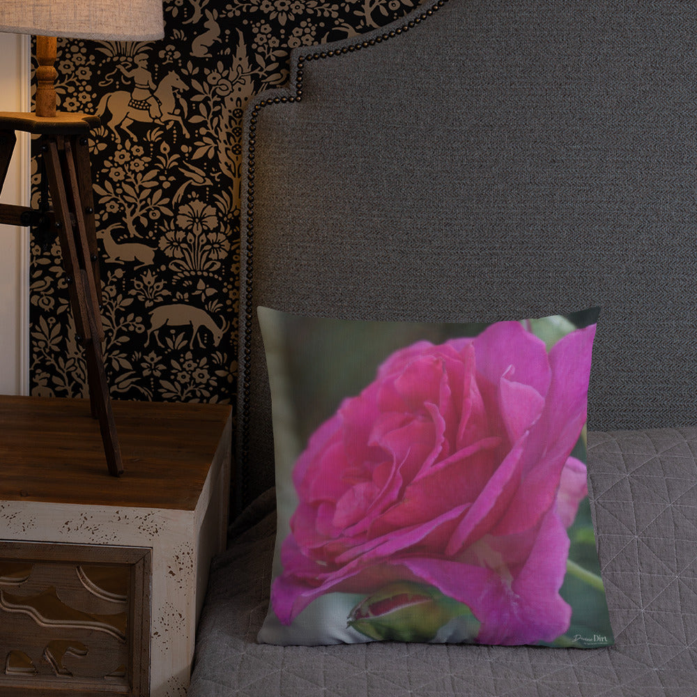 Pink Brindabella Rose  Premium Pillow-Light Grey Back